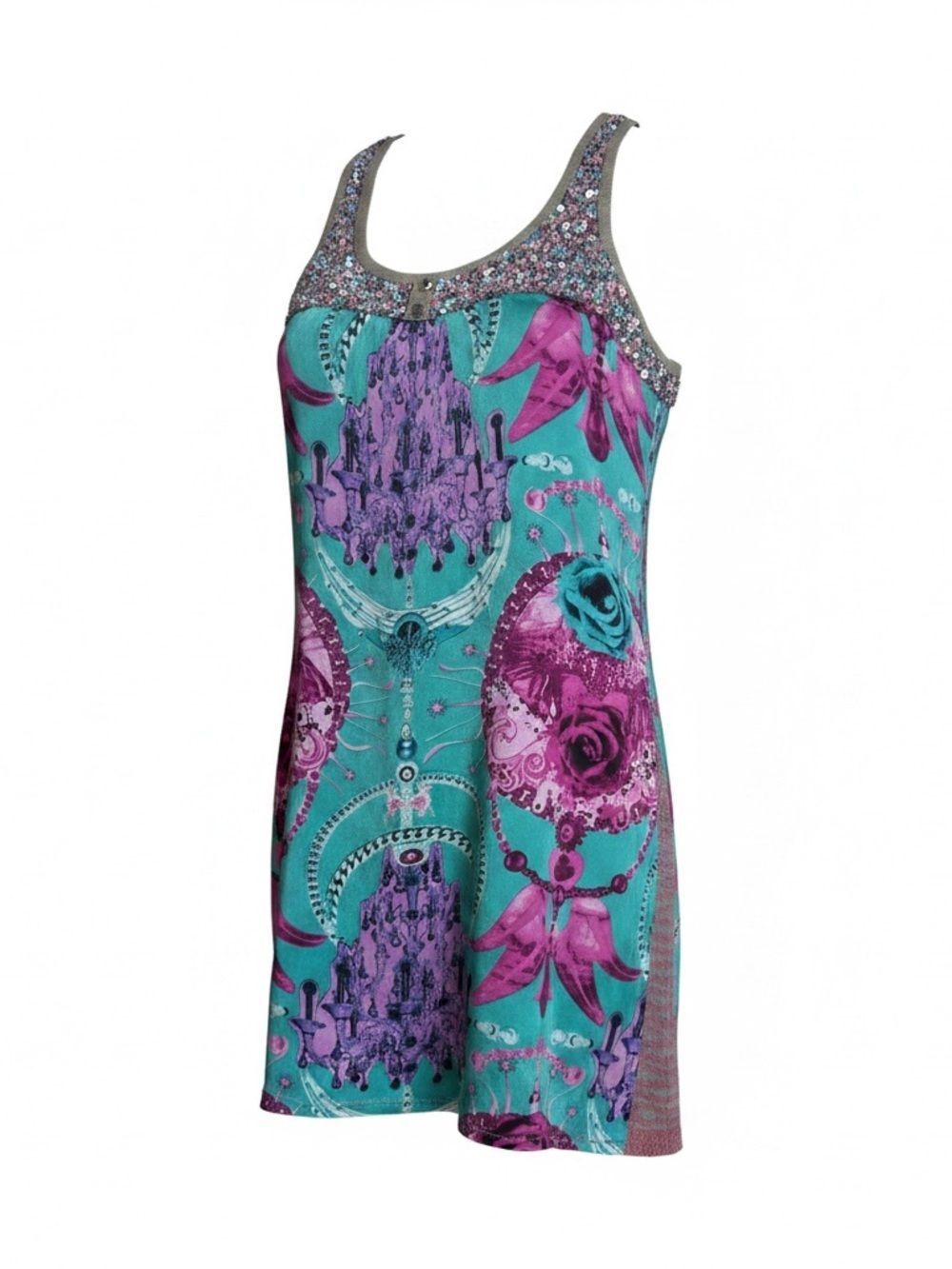 Vintage Custo Barcelona Sequin Chandelier Print Tunic Tank Top Dress Y2K 4 Silk